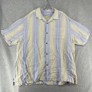 Tommy Bahama Linen Button Up Shirt Men XL Tan Blue Striped Short Sleeve Relaxed